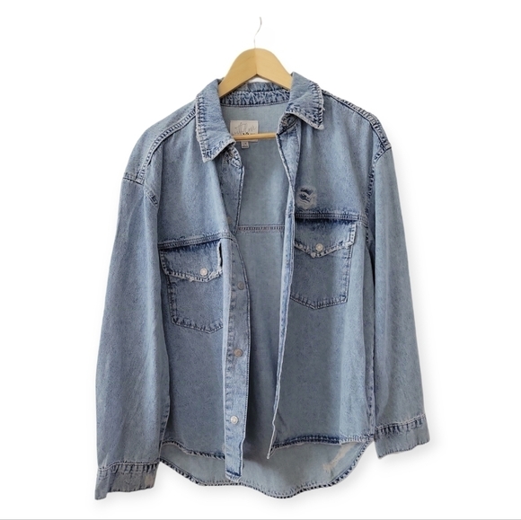 NWT Denim Jean Shacket Shirt Destructed L NEW - Picture 7 of 11